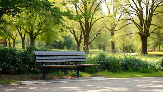 A serene park bench sits empty amidst lush greenery under natural daylight.