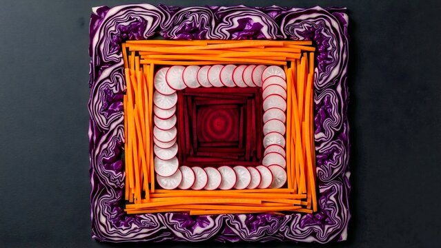 Vibrant Geometric Vegetable Arrangement Featuring Purple Cabbage, Carrot Sticks, and Radish Slices, Creating a Visually Stunning and Fresh Culinary Art Piece - Powered by Adobe