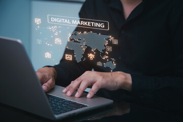 Fototapeta premium Businessman planning global cross border digital marketing strategy. focused technology concept for future business growth