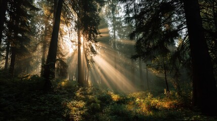 Obraz premium Golden rays of sunlight stream through the branches of towering trees in a tranquil forest. Ferns and underbrush bask in the soft morning light creating a peaceful atmosphere.