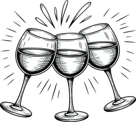 Three wine glasses clinking together with splash effect