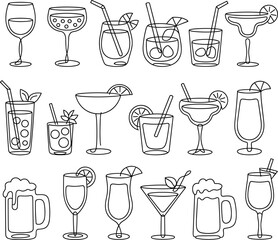 Collection of Outline Drink Glasses and Mugs beverage