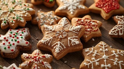 Festive christmas cookies adorned with intricate icing patterns on wooden