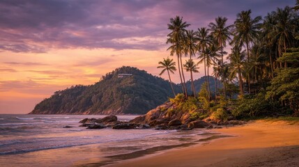 Coastal Sunset Scene Featuring Palm Trees and Rocky Shoreline under a Vibrant Sky