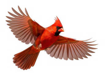 Vibrant red cardinal bird in midflight with wings spread wide, isolated on transparent background