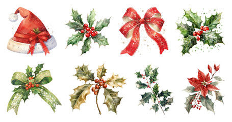 Obraz premium PNG Festive holiday decorations watercolor, element set on transparent background