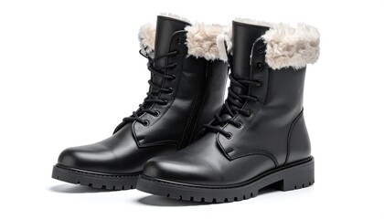 Two black leather boots with faux fur trim, laces, and side zippers sit on a white background, suggesting winter wear