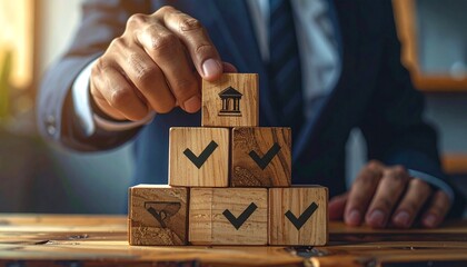 Professional hand carefully places building block atop stack symbolizing successful financial strategy and approval process