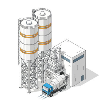 Industrial concrete plant with silos and mixer truck illustration.