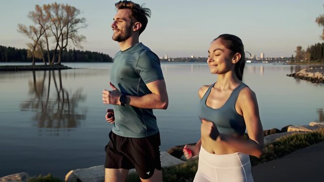 Man and woman running together at sunrise near a body of water, engaging in outdoor fitness for healthy lifestyle and exercise.