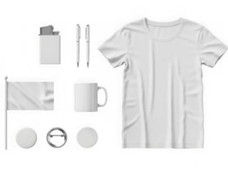 Blank white promotional items mockup set including tshirt, mug, flag, lighter, pens, and badges isolated on transparent background