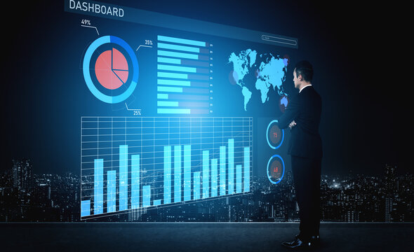 A businessman stands in front of a futuristic digital dashboard displaying various graphs, charts, and a world map, representing data analysis in a high-tech urban setting. Impute