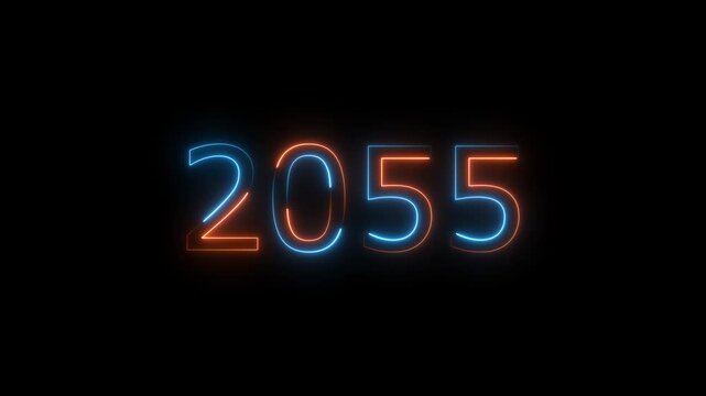 Glowing neon business number 2055 text animation futuristic 4K video.