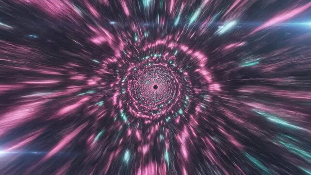 Flying through an endless futuristic abstract tunnel formed by pulsating pink and teal geometric lines creating a stunning hyper-speed depth spiral tunnel, infinity, stream