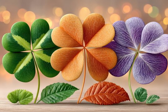 Colorful four-leaf clovers and autumn leaves on wood surface with purple and green tones