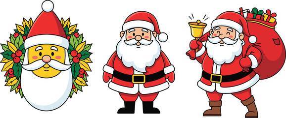 Set of Three Adorable Vector Christmas Illustrations Featuring a Smiling Santa Claus Face Framed by Holly, a Full-Body Santa with a Bell, and Another Carrying a Large Sack of Presents