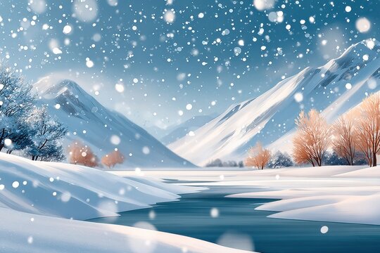 Snowy mountain landscape with falling snow, bare trees, and a winding river under a blue sky
