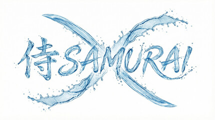 Samurai Kanji and SAMURAI Text Made of Splashing Water with Crossed Dual Water Swords and Flowing Fluid Combo Attack Typography on White Background-Generative AI
