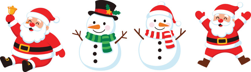 Set of Four Adorable Vector Cartoon Snowmen Characters, Two with Red and Green Striped Scarves and Hats, Including One Happily Jumping and Another with a Bell, Perfect for Christmas Design