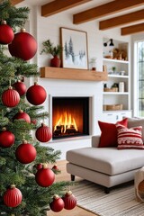 Naklejka premium Cozy living room with a Christmas tree adorned in red ornaments beside a warm fireplace