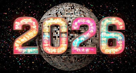Hello 2026. Retro style New Year celebration vector illustration with a disco ball and vintage typography.