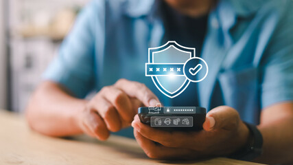 Businessman accessing secure login interface on smartphone with digital padlock, cyber security concept, data protection, identity authentication, and online safety.