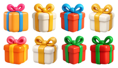 Fototapeta premium PNG Colorful 3D gift boxes variety, element set on transparent background