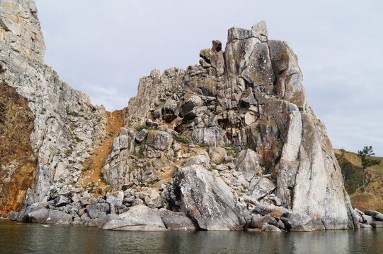 Shamanka Rock on Lake Baikal. View from the water.