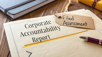 Corporate Accountability Report with Assessment Tag on Document in Office Environment for Business and Finance Themes