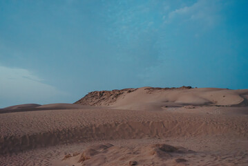 Blue Hour Panorama of Sand Dunes in Timlaline Desert, Morocco