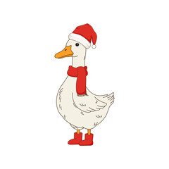 A cute cartoon goose wearing a Santa hat, red scarf, and boots. © DisignUA