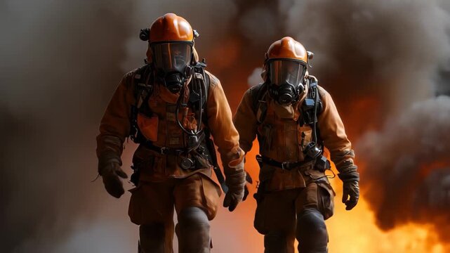 Crew of two firemen bravely tackling a fierce blaze in a smoke-filled environment during an emergency response training exercise