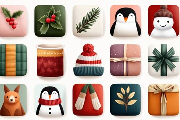Cute Christmas icons set featuring penguin, snowman, gifts, holly, and cozy holiday motifs