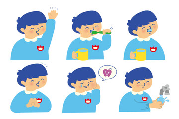 子供のイラストセット　男の子|幼稚園児/手を挙げる・歯磨き・うがい・手洗い・虫歯・いただきます/教育・子供向け素材/Children's pose illustration set ・Boy
