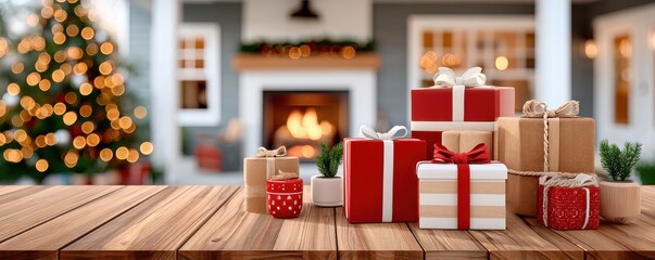 Naklejka premium Cozy Christmas scene with wrapped gifts on a wooden table and a warm fireplace