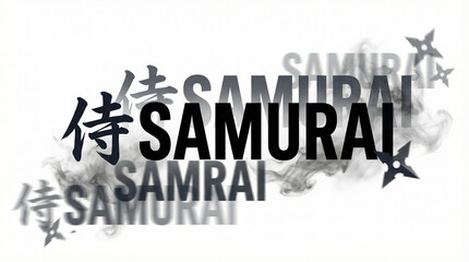 Shadow Afterimage Samurai Kanji and SAMURAI Text Typography with Ghost Motion Trails and Dark Smoky Ninja Battle Effect on White Background-Generative AI