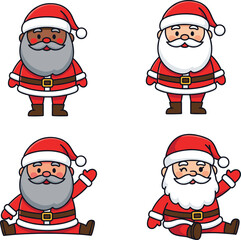 Set of Four Adorable Cartoon Santa Claus Characters in Flat Vector Style, Featuring Diverse Skin Tones, Posing and Waving, Perfect for Inclusive Christmas and Holiday Season Design