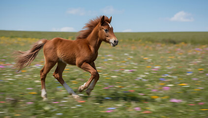 Obraz premium young foal with a shiny brown coat and flowing mane running freely across an open green meadow under bright daylight capturing motion energy youth and natural beauty in a pastoral countryside scene