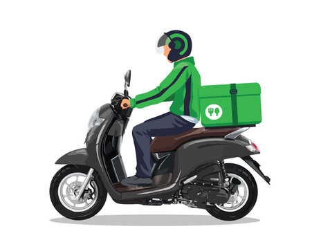 fast food delivery man icon logo sign Food free delivery sale job rider sit scooter box side view Scooter matic motorcycle drivers deliver green uniforms. back box sale bag storing food app vector 