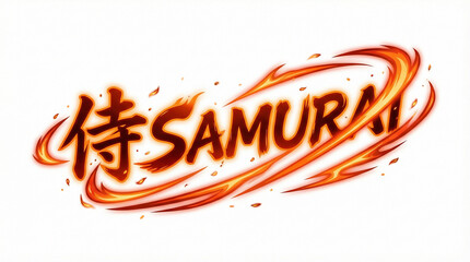 Fiery Samurai Kanji and SAMURAI Text Typography with Multiple Flaming Combo Attack Trails and Dynamic Battle Motion on White Background-Generative AI