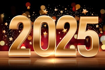 Golden 2025 celebration with large numbers and sparkling bokeh backdrop on a pedestal
