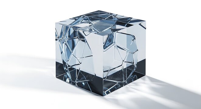 Abstract Crystal Cube with Geometric Facets and Light Refractions. - Powered by Adobe