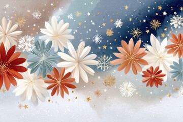 Festive abstract flowers and snowflakes on a glittery blue and gold background