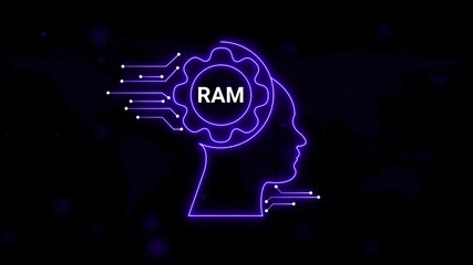 Purple Neon Human Head Outline with RAM Text and Circuitry on Digital World Map Background artificial intelligence - Powered by Adobe
