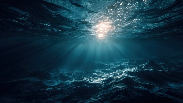 A beautiful blue ocean with sunlight shining through the water. The sunlight creates a serene and peaceful atmosphere, making the scene feel calm and relaxing. The water appears to be calm and still