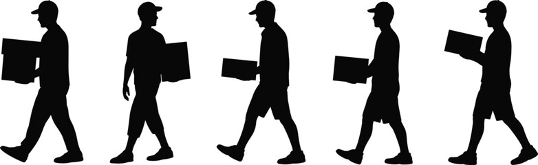 Black silhouette of five young delivery men walking in profile, each wearing a baseball cap and carrying a cardboard box, representing essential service, moving, shipping, courier, 