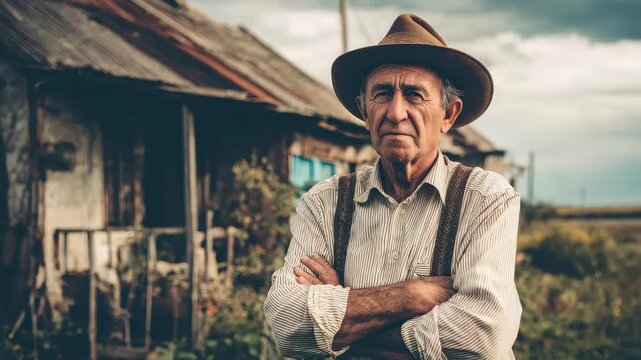 Senior farmer stands proudly outdoors in front of rustic farmhouse, showcasing decades of agricultural experience and dedication to the land during late afternoon light