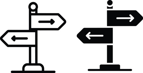 Directional signpost icons, black and white arrows, minimalistic navigation symbols, decision-making concept, wayfinding vector, opposite directions, stylized signage, bold outline, mounted post