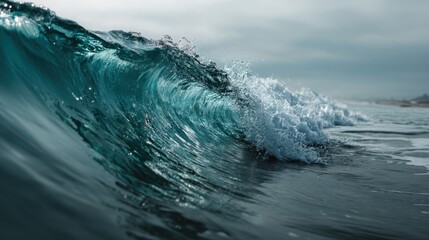 Obraz premium A beautiful ocean wave rises and crashes onto the shore creating a splash of white foam. The scene is set under a cloudy sky embodying the tranquil beauty of the coast.