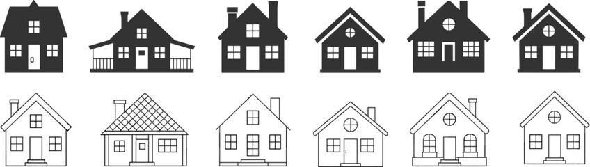 House silhouette and outline set, architectural icon comparison, roof and window shapes, residential design elements, vector illustration, black and white graphic, home styles
